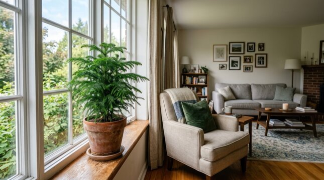 A cozy living room with a large window, a potted plant, a couch, and a coffee table.