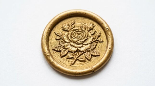 Golden wax seal with rose emblem isolated on white background