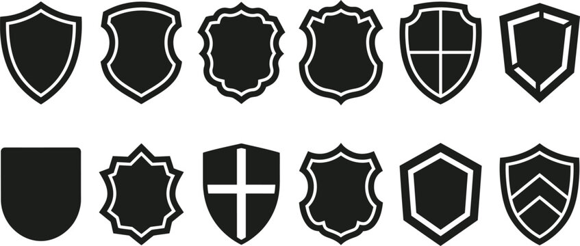 Minimalist vector graphic collection featuring twelve diverse shield icons with clean black silhouettes and white borders for modern digital design