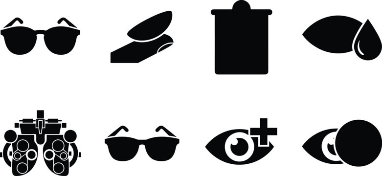 Optometry and eye care vector icon set featuring glasses contact lens phoropter eye drop and vision medical symbols