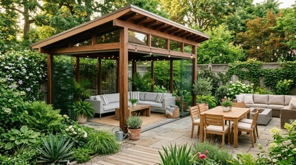 Obraz premium A cozy backyard patio with a wooden pergola, outdoor furniture, and lush greenery.
