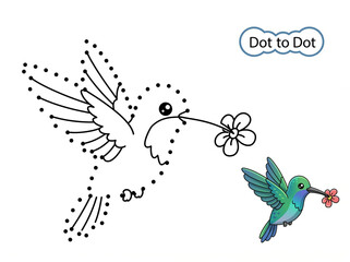 Hummingbird dot to dot drawing activity with colorful illustration  