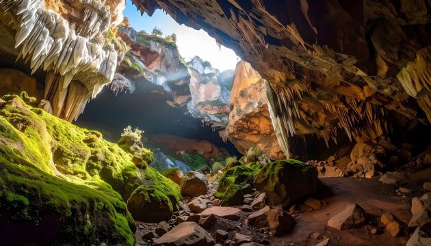 Limestone cave interior features mossy rocks and stalactites illuminated by natural sunlight.