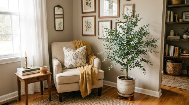 A cozy living room with a beige armchair, a green artificial tree, and a wooden side table with a book and a candle.