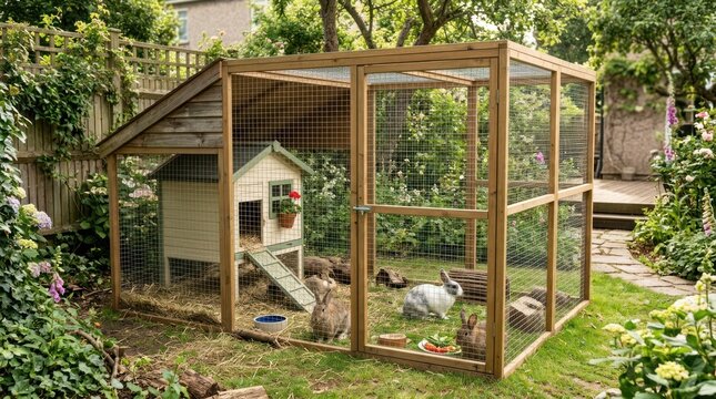 A backyard chicken coop with a small house, a ramp, and a fenced area for rabbits.
