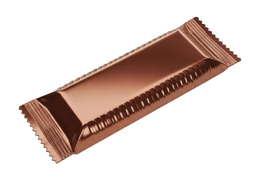 A single chocolate candy bar wrapped in shiny brown metallic foil packaging isolated on transparent background