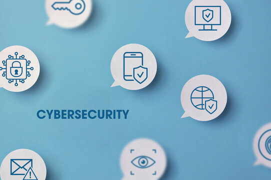 Cybersecurity Icons Floating on Blue Background With Digital Protection Concept