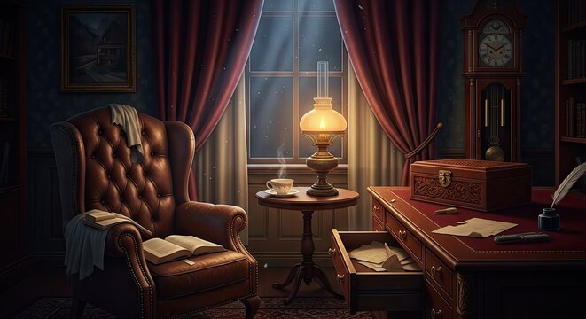 Classic vintage study room with leather armchair and clock.