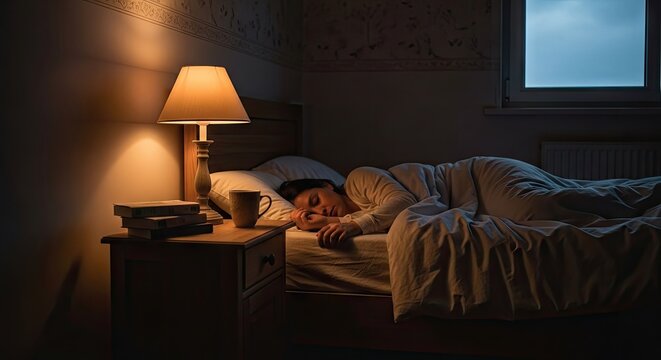 Man sleeping in dark bedroom with warm lamp light.
