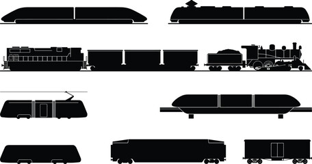 Train silhouettes set featuring bullet train steam locomotive freight train electric tram monorail and railway cars © Tanne
