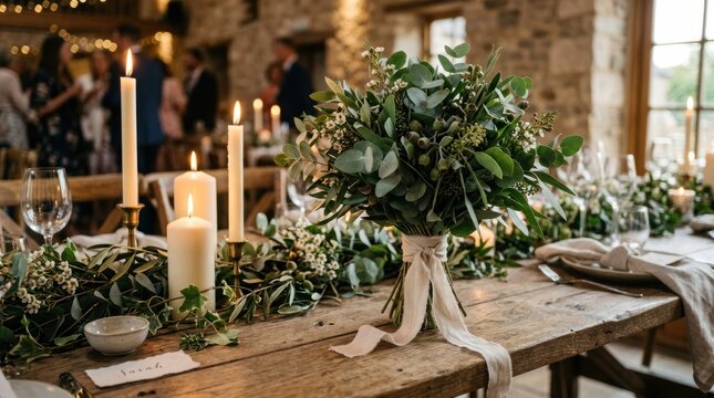 A rustic wooden table set with greenery and candles, with a bride's bouquet in the center.