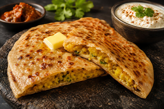  Aloo paratha sliced open with spiced potato filling visible, melting butter and yogurt