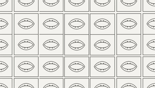 Abstract geometric wallpaper with repeating eye like shapes in grid boxes represents creative retro design.