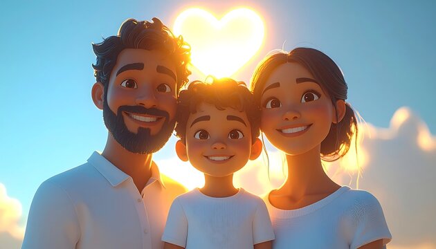 Cartoon Illustration of Happy Family With Child Smiling Under Glowing Heart Sun For World Organ Donation Day