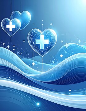 Glowing Medical Heart Symbols Over Abstract Blue Waves For World Organ Donation Day Campaign And Healthcare Background