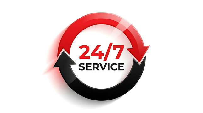 24/7 service round red and black badge with clock and gear icons for support and assistance . Ai Generated