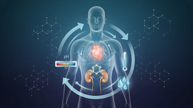 Human body system showing biochemical balance with chemical structures and pH thermometer indicators
