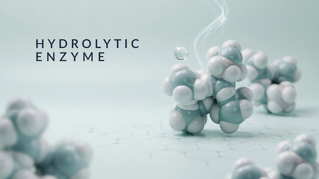 Hydrolytic enzyme molecular structure with water droplet and steam effect on transparent surface