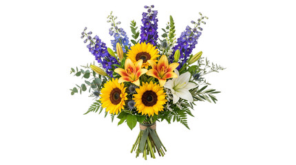 A beautiful vibrant bouquet of sunflowers, orange lilies, and purple delphinium flowers tied with twine. © Png ProTeam