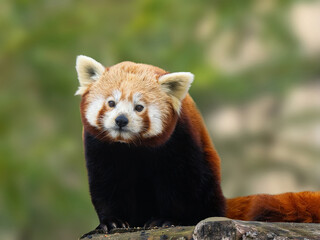 Obraz premium Cute red panda sitting on a log against blurred green background.