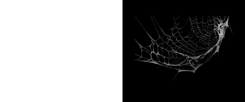 Intricate spider web on black background, delicate white cobweb texture, spooky halloween design element, fragile silk threads in dark space