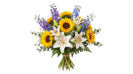 A beautiful vibrant bouquet of sunflowers, white lilies, and purple delphinium flowers tied with twine. © Png ProTeam