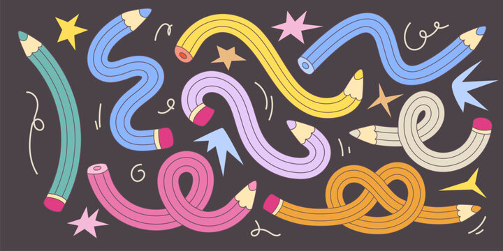 Twisted pencil icon illustration with colorful school supplies and cute doodle elements. Vector art with curved stationery tools and fun cartoon designs for kids education and learning backgrounds.