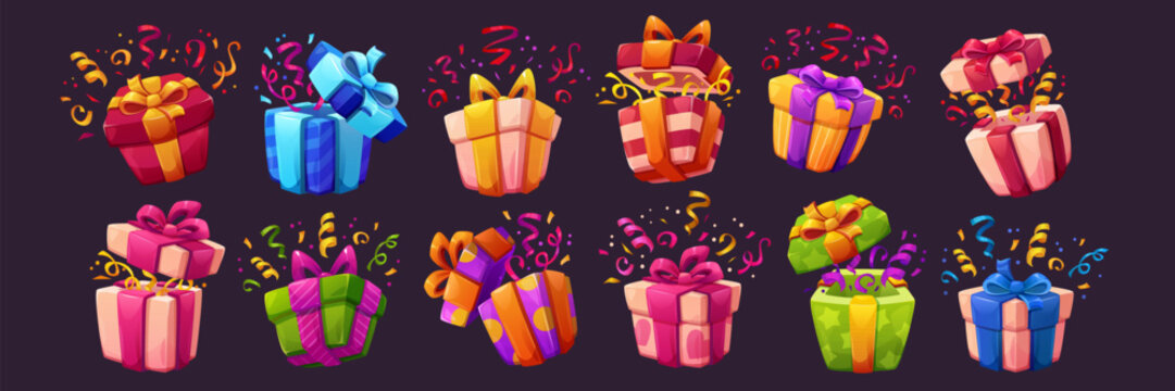 Open gift collection with colorful boxes and ribbons for birthday celebration. 3D present icons with red, pink and yellow designs with bows, confetti elements for holiday party events.