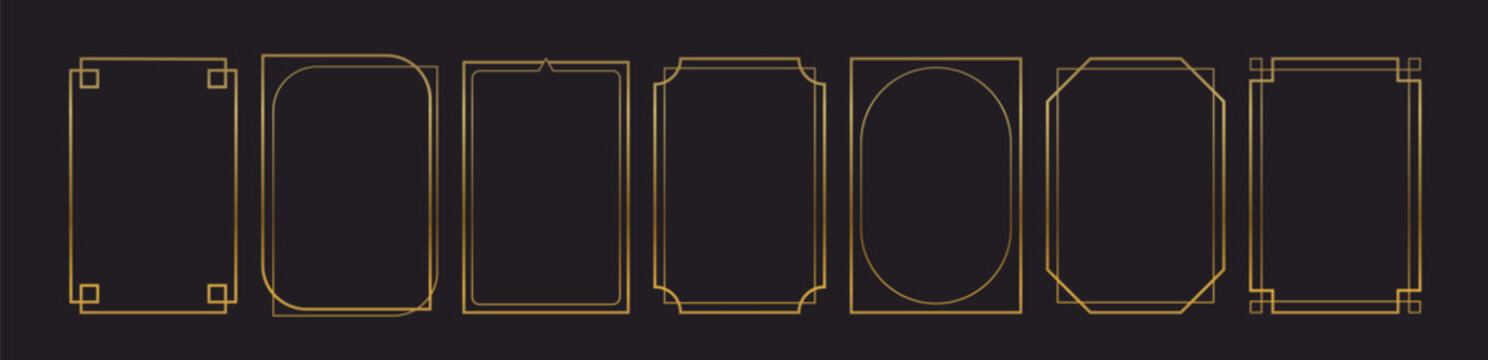 Thin gold frame with luxury border design for elegant certificates and wedding cards. Golden rectangular element with vintage ornament and modern geometric patterns on premium background.
