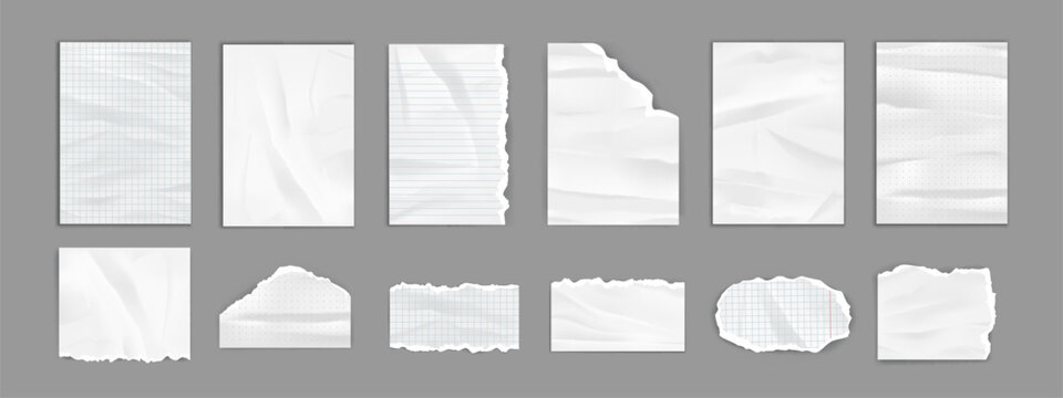 White mockup template with realistic wrinkle texture and crumpled effect. Vintage notebook page with torn edges, rough creases and isolated blank sheet for poster or flyer design elements.
