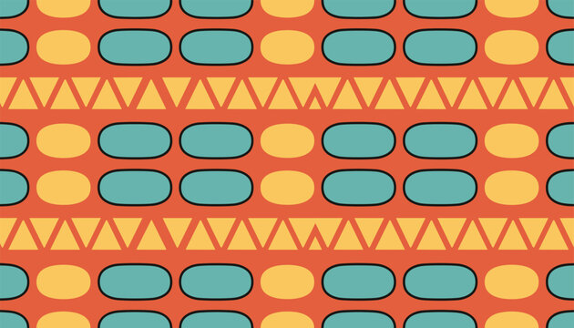 Traditional ethnic seamless pattern with yellow triangles and blue oval shapes on a bright decorative red background.