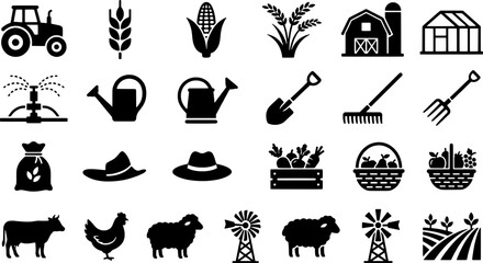 Fototapeta premium Farming and agriculture icons set with tools and animals vector illustration