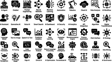Obraz premium Modern flat icon set of artificial intelligence and machine learning concepts