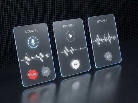 Three transparent glass smartphone screens displaying digital voice recording interfaces with sound wave visualizations on a dark background