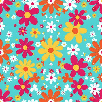 Bright retro floral seamless pattern vector background with colorful daisies