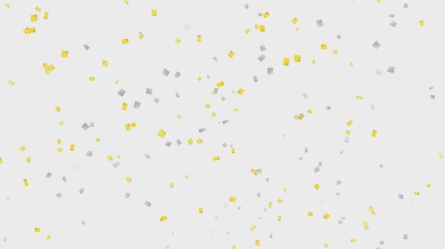 Floating gold and silver confetti particles against white background for celebration event.