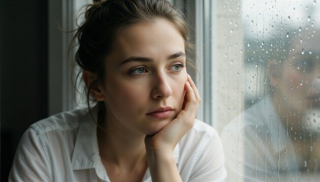 Contemplative portrait of a young woman experiencing burnout, looking out a rainy window with a melancholic and pensive expression.