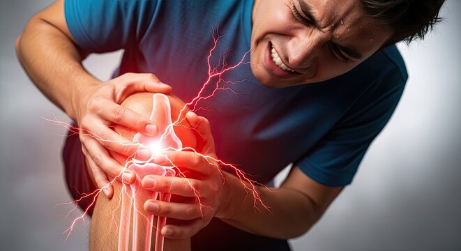 Man feeling sharp knee joint pain with red lightning graphic.