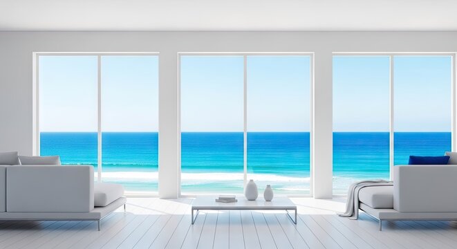 Modern minimalist living room overlooking bright blue ocean.