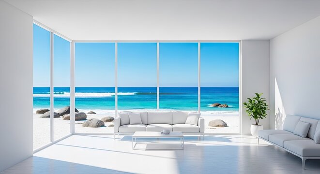 Modern white minimalist living room overlooking tropical ocean beach.