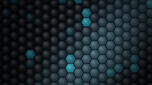 A dark abstract background features a repeating honeycomb grid with glowing blue hexagonal tiles that pulse with light.