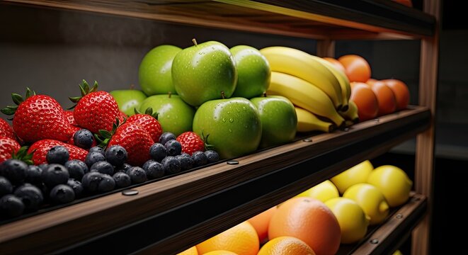 Supermarket shelf with fresh berries and apples.