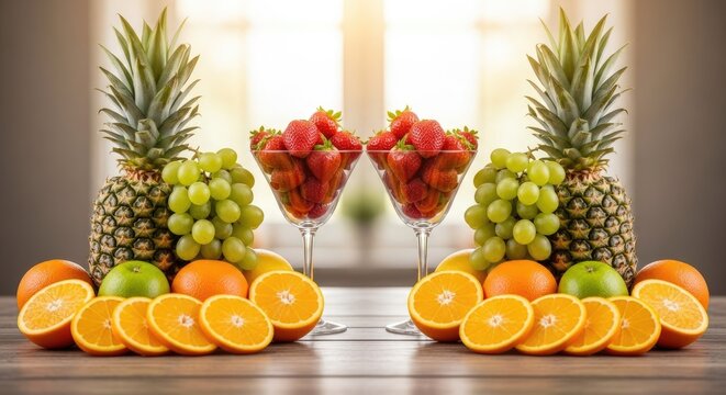 Symmetric fresh fruit arrangement on table.