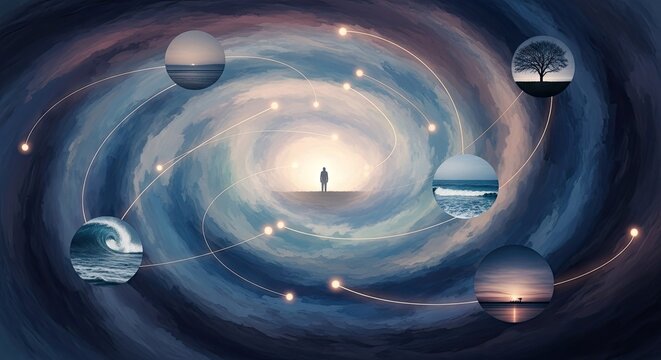 Surreal cosmic vortex with floating spheres and silhouetted figure.
