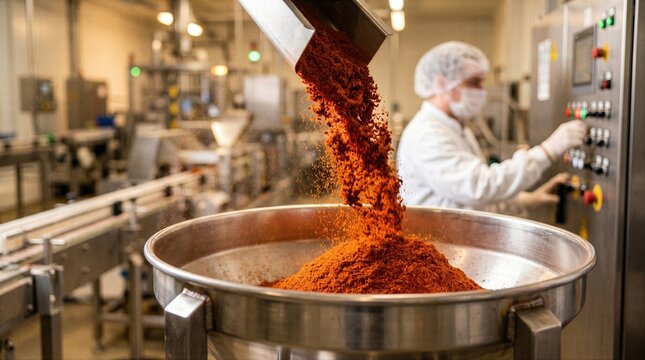Spice manufacturing scene with vibrant powder falling into packaging hopper, showing fine particles, bold pigment, clean equipment and sensory seasoning production.