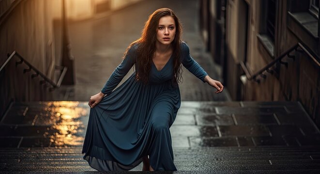 Woman in blue dress on wet stairs.