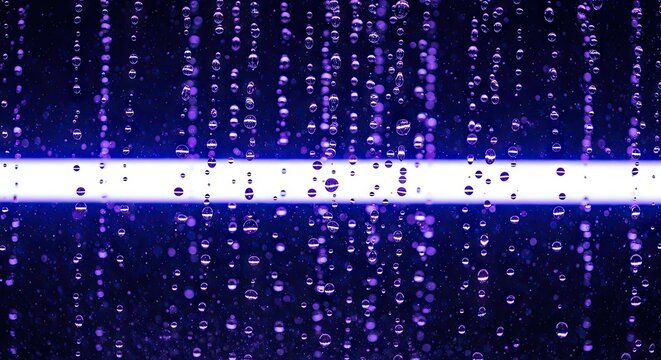 Abstract purple water droplets with bright glowing horizontal beam.