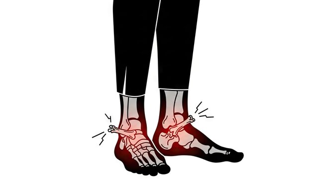 Anatomical illustration of foot pain and bone fractures.