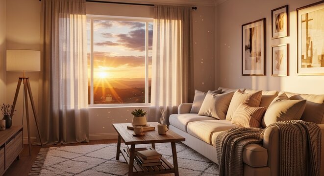 Airy living room interior with sunset view of mountains.