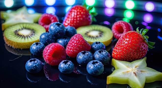 Fresh strawberry blueberry kiwi and starfruit on dark surface.